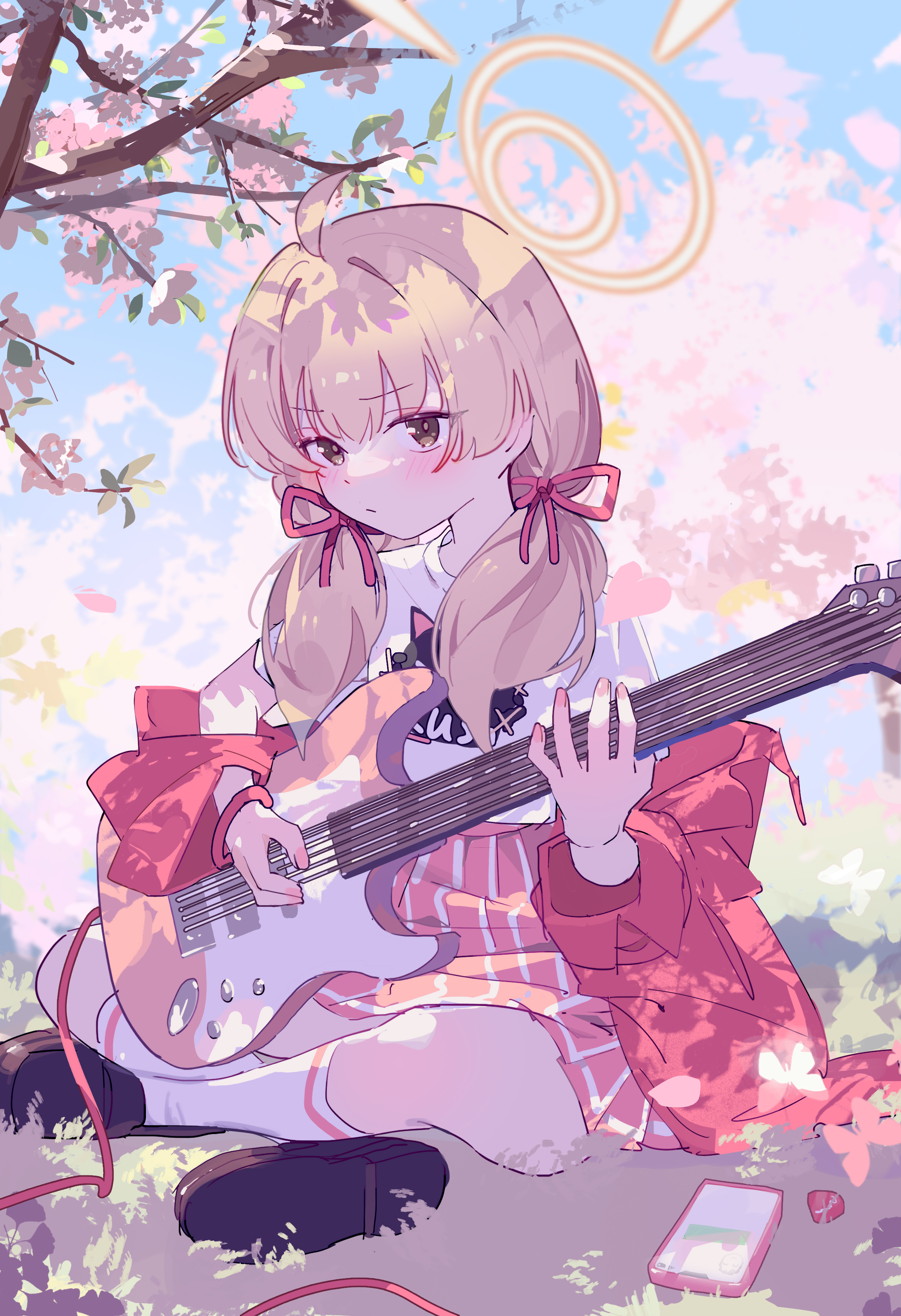 bilibalakonglijiwa, yoshimi (band) (blue archive), yoshimi (blue archive), blue archive, absurdres, highres, 1girl, ahoge, blonde hair, cherry blossoms, electric guitar, falling petals, guitar, hair ribbon, halo, instrument, jacket, loafers, long hair, looking at viewer, low twintails, music, official alternate costume, open clothes, open jacket, outdoors, petals, pink hair, pink skirt, playing guitar, playing instrument, pleated skirt, red jacket, ribbon, shirt, shoes, sitting, skirt, socks, solo, twintails, white shirt, white socks, yellow halo