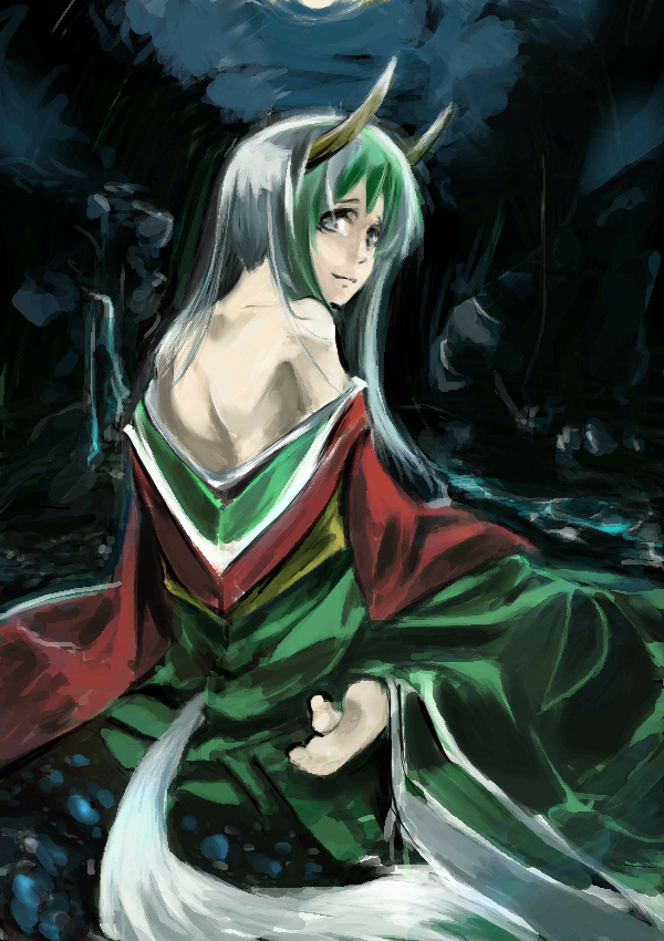 enpou, ex-keine, kamishirasawa keine, touhou, 1girl, bare shoulders, dotfight, female focus, japanese clothes, kimono, oekaki, off shoulder, solo