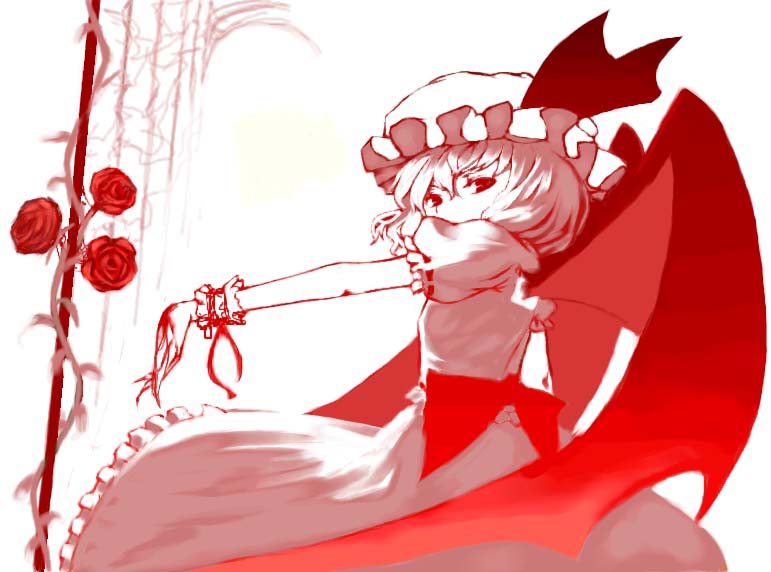 circlek, remilia scarlet, touhou, 1girl, female focus, flower, hat, monochrome, red flower, red rose, red theme, rose, solo, wings