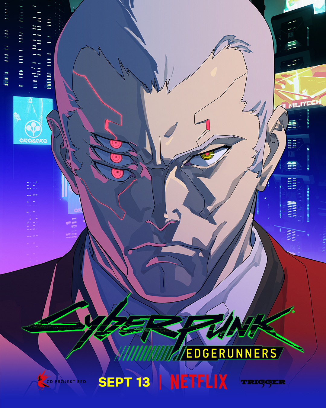 cd projekt red, cyberpunk: edgerunners, cyberpunk (series), netflix, trigger (company), highres, 1boy, copyright name, faraday (cyberpunk), looking at viewer, red eyes, serious, solo