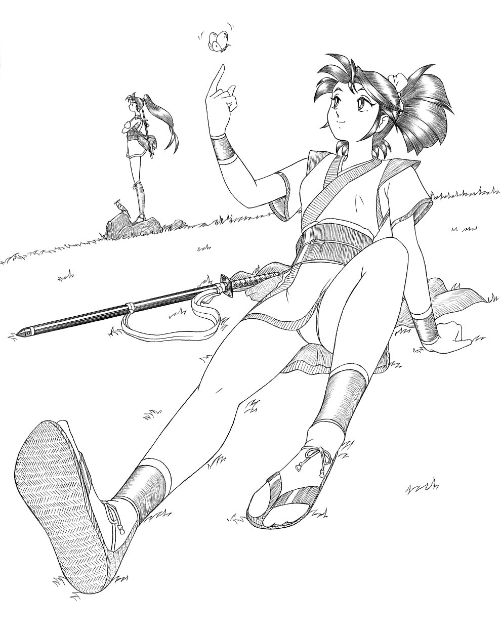 shirokuro jakko, original, hashtag-only commentary, highres, 2girls, arm support, bug, butterfly, full body, grass, index finger raised, insect, japanese clothes, katana, kimono, knee up, long hair, medium hair, multiple girls, obi, on ground, panties, panty peek, ponytail, sandals, sash, sheath, sheathed, shoe soles, short kimono, standing, sword, tabi, underwear, weapon