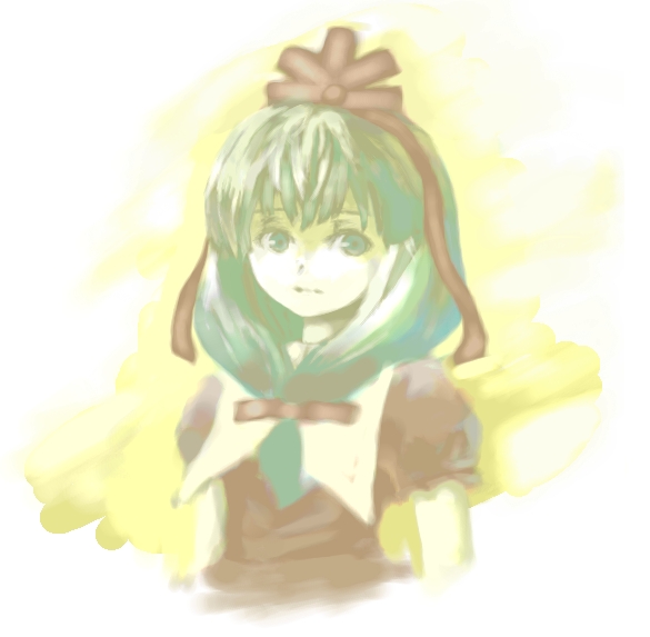 circlek, kagiyama hina, touhou, 1girl, collar, dress, female focus, frills, front ponytail, green eyes, green hair, looking at viewer, matching hair/eyes, puffy short sleeves, puffy sleeves, red dress, shaded face, shawl, short sleeves, simple background, smile, solo, yellow background