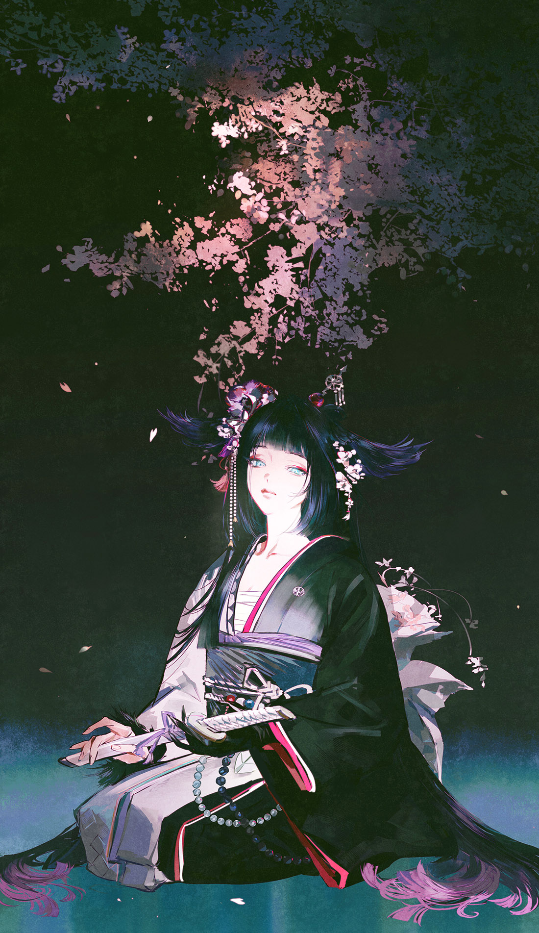huangdanlan, mio (arknights), arknights, highres, 1girl, beads, black hair, black kimono, blue eyes, blunt bangs, cherry blossoms, collarbone, flower, gradient hair, hair flower, hair ornament, holding, japanese clothes, kimono, long hair, long sleeves, looking at viewer, makeup, multicolored hair, obi, petals, sash, seiza, sitting, solo, very long hair, wide sleeves