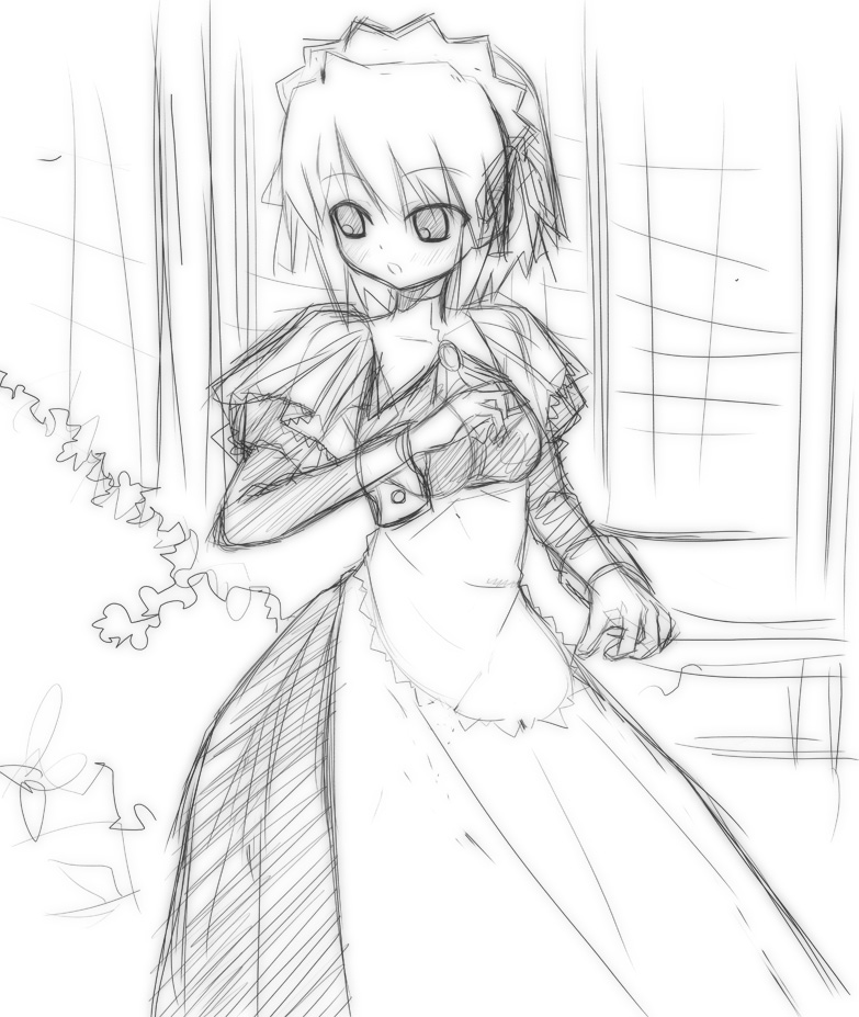 akino sora, kotonomiya yuki, suigetsu, 1girl, female focus, greyscale, maid, monochrome, outdoors, sketch, solo