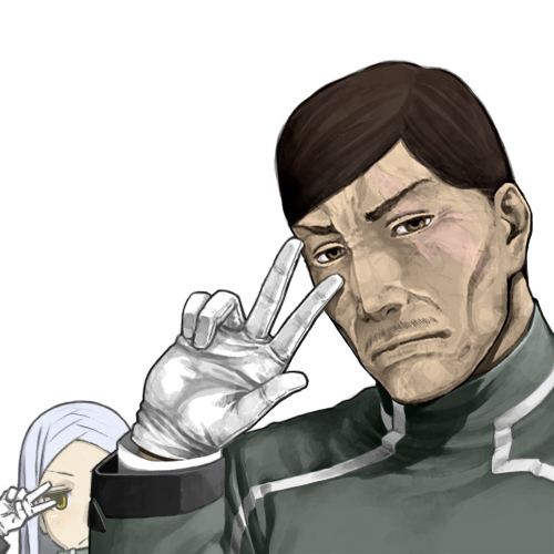 yoshitaka, sergei smirnov, soma peries, gundam, gundam 00, silver hair, lowres, 00s, 1boy, 1girl, brown eyes, brown hair, expressionless, gloves, looking at viewer, military, military uniform, salute, short hair, simple background, solo focus, very short hair, white background, white gloves