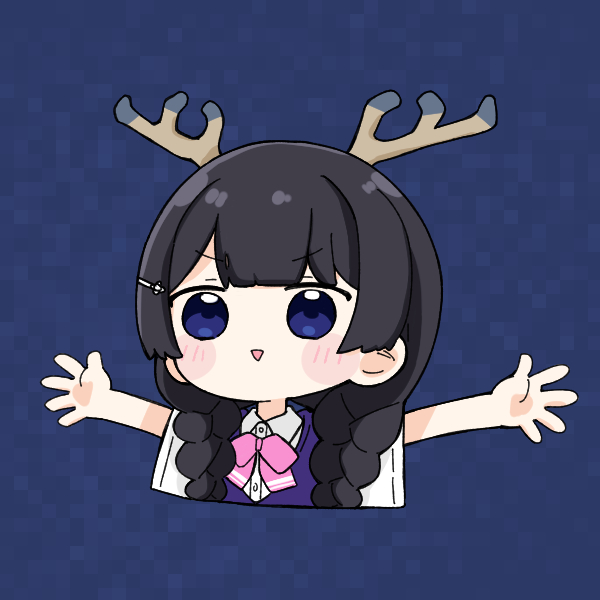 nozo (hitomiz), tsukino mito, tsukino mito (summer uniform), nijisanji, commentary, 1girl, :>, antlers, black hair, blue background, blue eyes, blush stickers, braid, chibi, collared shirt, cropped torso, dress shirt, hair ornament, hair over shoulder, hairclip, horns, long hair, low twintails, outstretched arms, parted lips, school uniform, shirt, short sleeves, solo, spread arms, sweater vest, triangle mouth, twin braids, twintails, upper body, v-shaped eyebrows, virtual youtuber, white shirt, wide sleeves