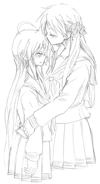 kochoko, hiiragi kagami, izumi konata, lucky star, 00s, 2girls, greyscale, monochrome, multiple girls, school uniform, serafuku, sketch, yuri