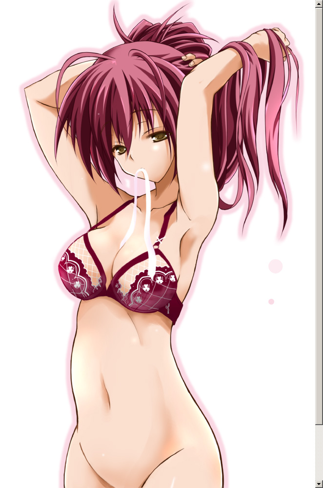 shibamine takashi, original, 1girl, armpits, arms up, bottomless, bra, breasts, cleavage, fake scrollbar, female focus, hairdressing, large breasts, lingerie, long hair, mouth hold, navel, out-of-frame censoring, pink hair, ribbon, solo, underwear, yellow eyes