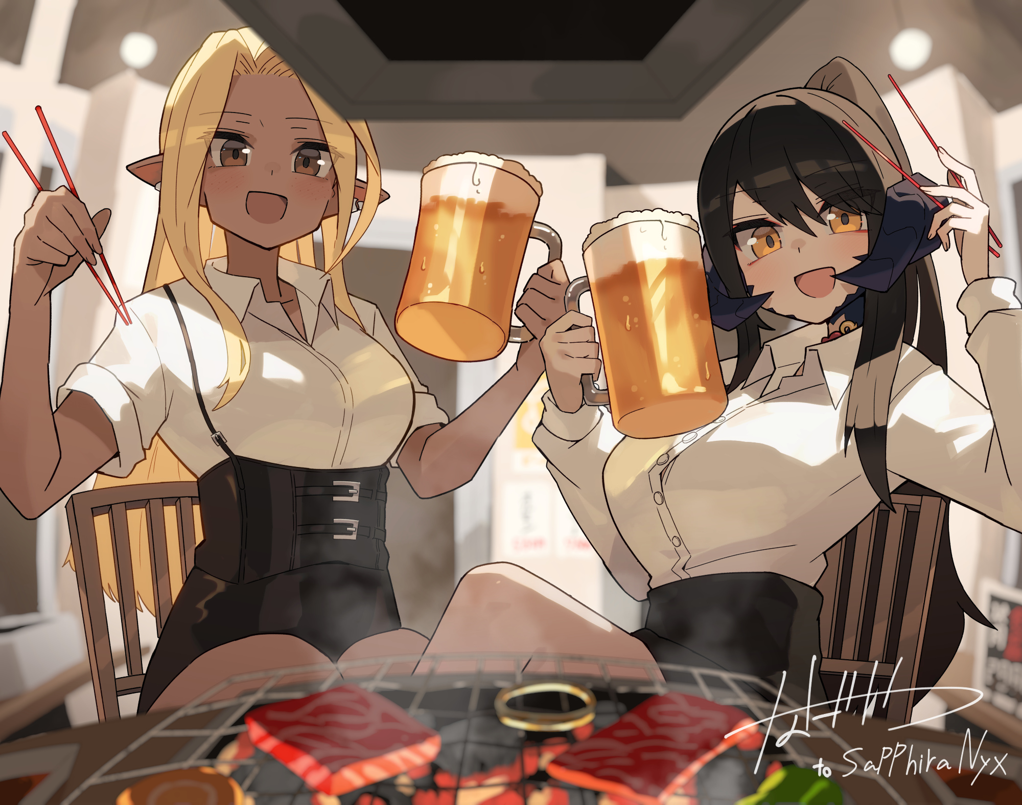 katsu (katsupainter), sapphira nyx, warrior of light (ff14), final fantasy, final fantasy xiv, highres, 2girls, au ra, beer mug, black corset, black hair, black skirt, blonde hair, blurry, blurry background, blurry foreground, blush, breasts, brown eyes, chopsticks, cooking, corset, cup, dark-skinned female, dark skin, depth of field, dragon horns, earrings, elezen, elf, eyebrows hidden by hair, grilling, hair between eyes, holding, holding chopsticks, holding cup, horns, jewelry, knees up, large breasts, long hair, looking at viewer, mug, multiple girls, office lady, open mouth, pointy ears, ponytail, scales, shirt, signature, sitting, skirt, smile, suspender skirt, suspenders, very long hair, white shirt, yakiniku