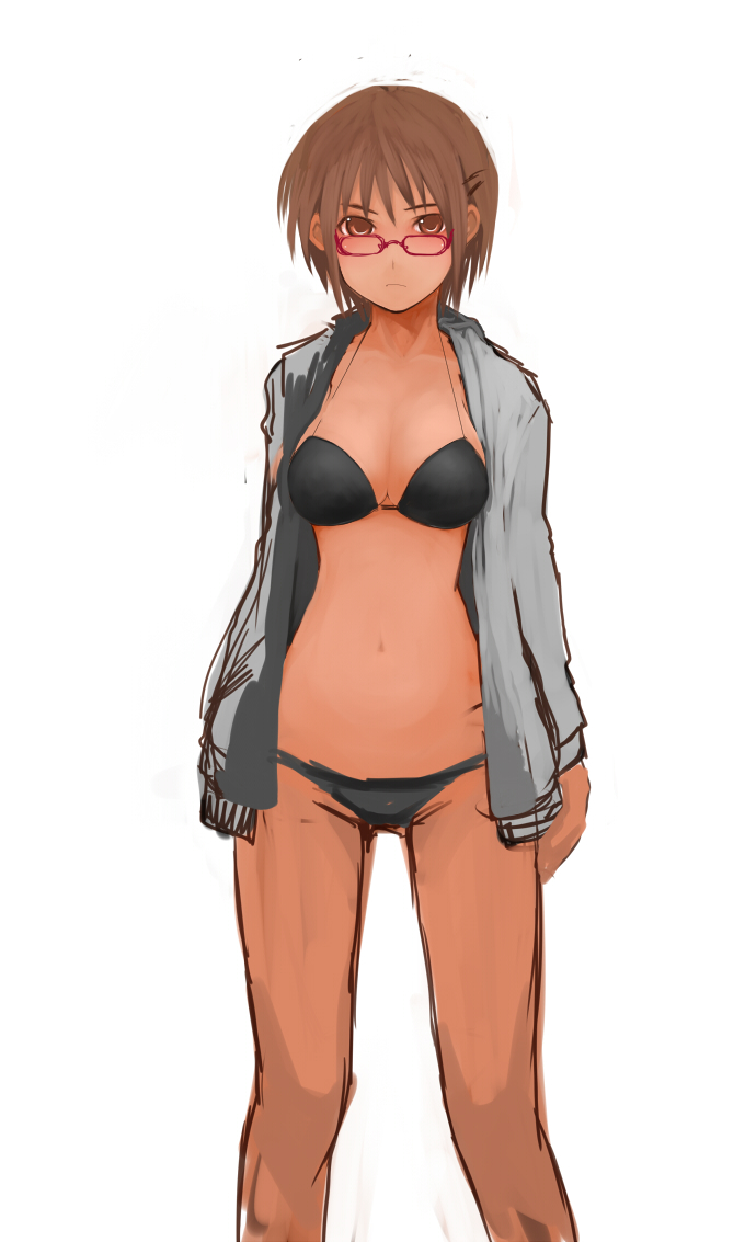 h (158cm), original, 1girl, bikini, black bikini, brown eyes, brown hair, female focus, glasses, open clothes, open shirt, shirt, short hair, solo, swimsuit