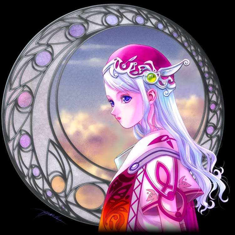 benk, original, 1girl, circle, coat, expressionless, fantasy, female focus, gem, hat, long hair, purple eyes, solo, stained glass, white hair, window