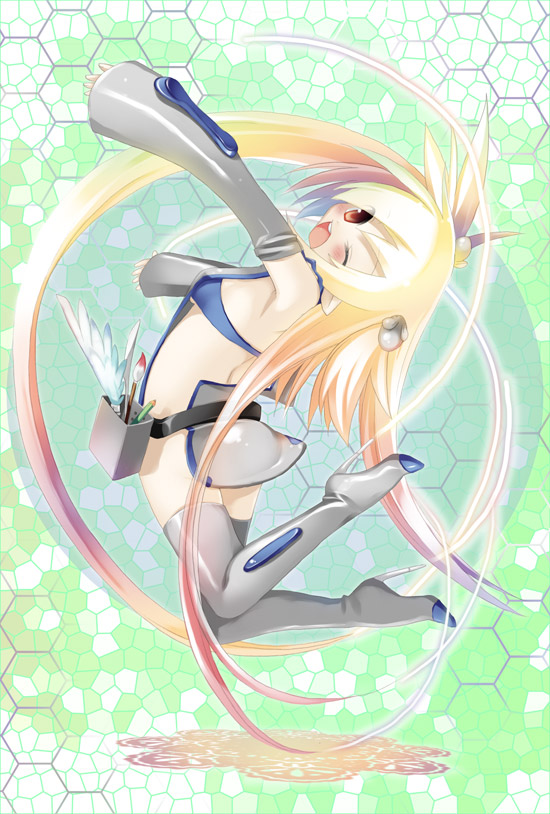 sazaki ichiri, original, art brush, blonde hair, detached sleeves, feet, long hair, paintbrush, solo, thighhighs
