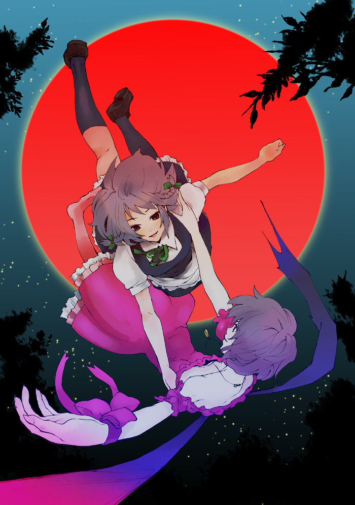 kuma (artist), kuma (crimsonvanilla), izayoi sakuya, remilia scarlet, touhou, 2girls, :d, black dress, black socks, breasts, brown hair, dress, female focus, frills, full body, kneehighs, long sleeves, maid, maid headdress, moon, multiple girls, open mouth, puffy short sleeves, puffy sleeves, purple hair, red moon, shoes, short sleeves, smile, socks, white dress, yuri