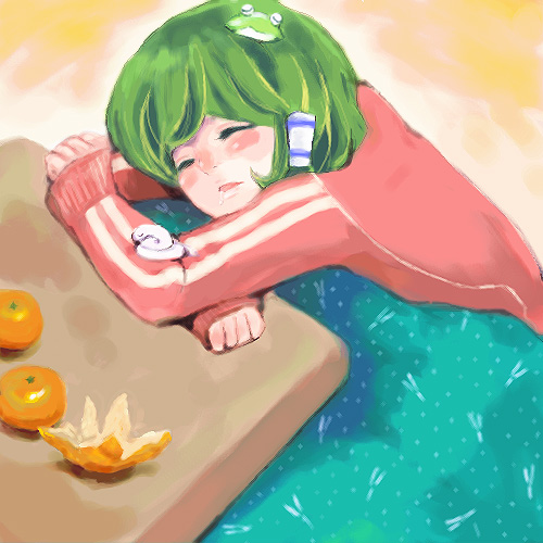 kuma (artist), kuma (crimsonvanilla), kochiya sanae, touhou, lowres, 1girl, female focus, food, fruit, kotatsu, mandarin orange, sleeping, solo, table