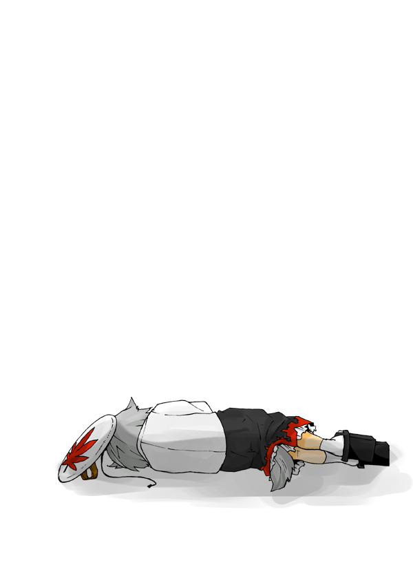 kuma (artist), kuma (crimsonvanilla), inubashiri momiji, touhou, 1girl, female focus, from behind, geta, lying, object on head, on side, sandals, shield, simple background, solo, tail, tengu-geta