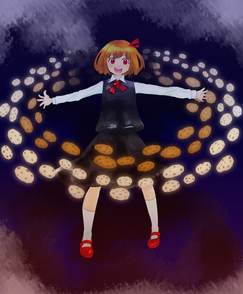 kuma (artist), kuma (crimsonvanilla), rumia, embodiment of scarlet devil, touhou, 1girl, :d, blonde hair, cookie, danmaku, female focus, food, hair ribbon, necktie, open mouth, outstretched arms, red eyes, ribbon, short hair, smile, solo, spread arms