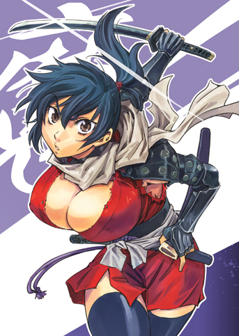 konchiki, manyuu chifusa, manyuu hikenchou, lowres, official art, 1girl, armor, blue hair, blue thighhighs, breasts, brown eyes, cleavage, elbow gloves, female focus, fighting stance, fingerless gloves, foreshortening, gloves, japanese clothes, katana, kimono, large breasts, leaning forward, long hair, looking at viewer, ninja, ponytail, sash, scarf, scrunchie, sheath, short kimono, solo, sword, thighhighs, torn clothes, weapon, zettai ryouiki