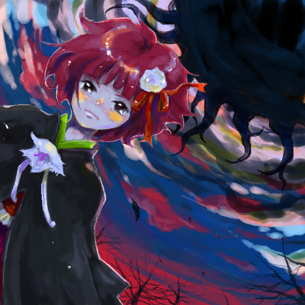 kuma (artist), kuma (crimsonvanilla), hieda no akyuu, perfect memento in strict sense, touhou, 1girl, blush, closed mouth, cloud, cloudy sky, dark, dutch angle, female focus, flower, frown, hair flower, hair ornament, hairpin, heida no akyuu, looking at viewer, magic, poncho, purple eyes, red hair, short hair, sky, solo, upper body