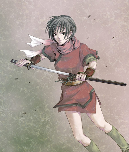 kasumi (suikoden), gensou suikoden, gensou suikoden i, gensou suikoden ii, 1girl, black hair, female focus, grey eyes, miniskirt, ninja, scarf, short hair, skirt, solo, sword, weapon