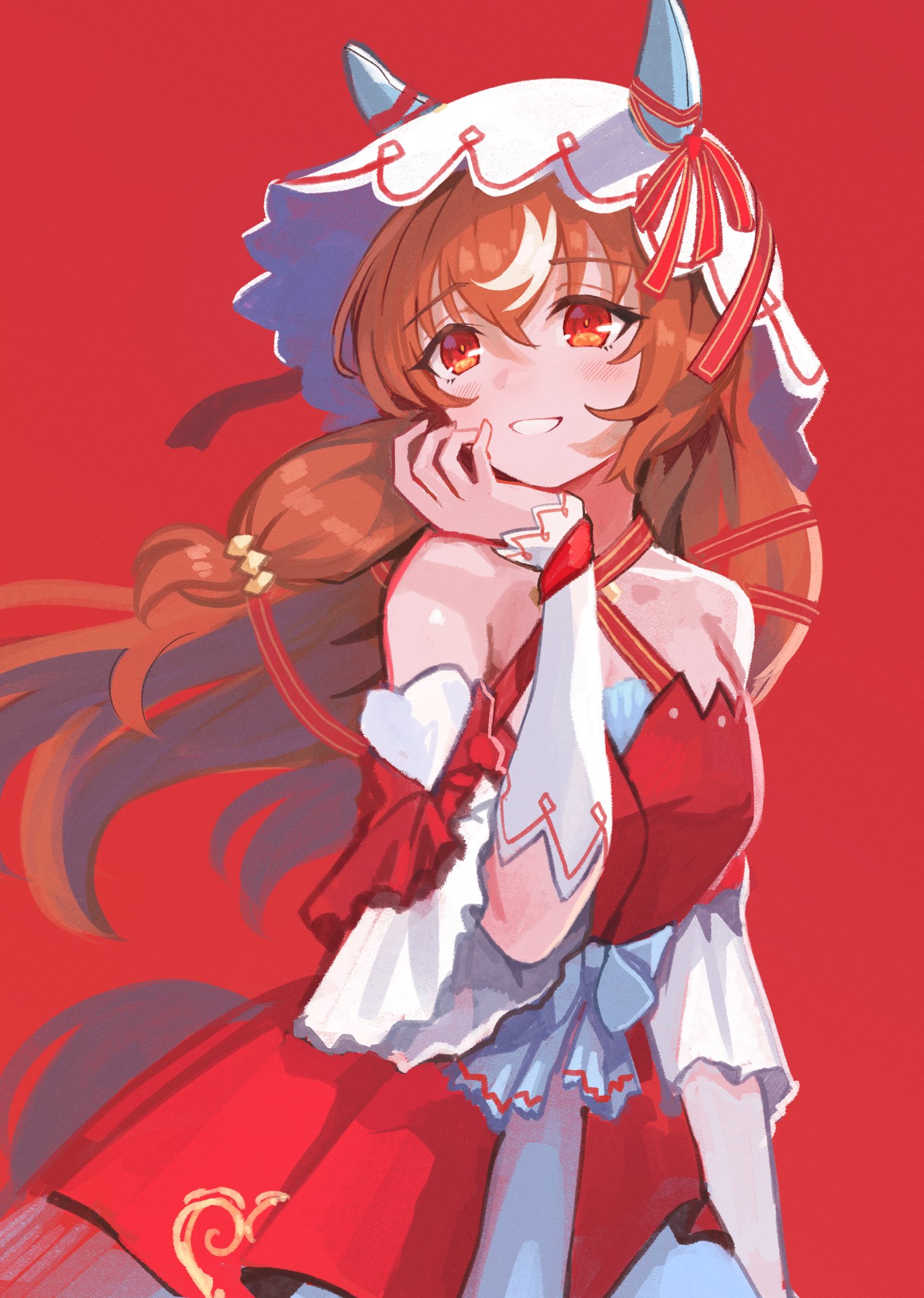 ponpochi, still in love (umamusume), umamusume, commentary request, highres, 1girl, animal ears, bare shoulders, blue bow, bow, brown hair, cowboy shot, criss-cross halter, dress, ear covers, ear ribbon, halterneck, hand on own face, hand up, heart, horse ears, horse girl, horse tail, long hair, multicolored hair, red background, red dress, red ribbon, ribbon, simple background, smile, solo, standing, streaked hair, tail, two-tone hair, veil, white streaks, white veil