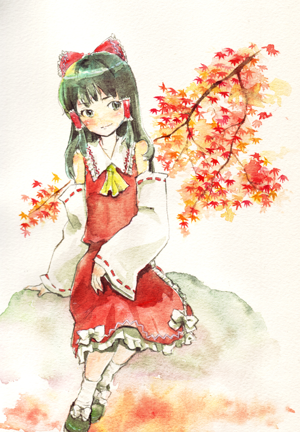 kuma (artist), kuma (crimsonvanilla), hakurei reimu, touhou, painting (medium), traditional media, watercolor (medium), 1girl, arm support, autumn, bare shoulders, black eyes, black hair, bow, detached sleeves, female focus, hair bow, hair tubes, no nose, sitting, smile, solo