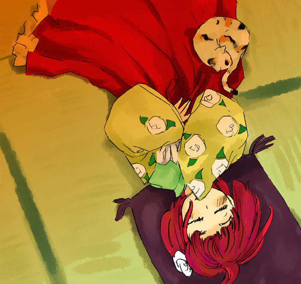 kuma (artist), kuma (crimsonvanilla), hieda no akyuu, perfect memento in strict sense, touhou, 1girl, cat, female focus, heida no akyuu, japanese clothes, kimono, sleeping, solo, tatami