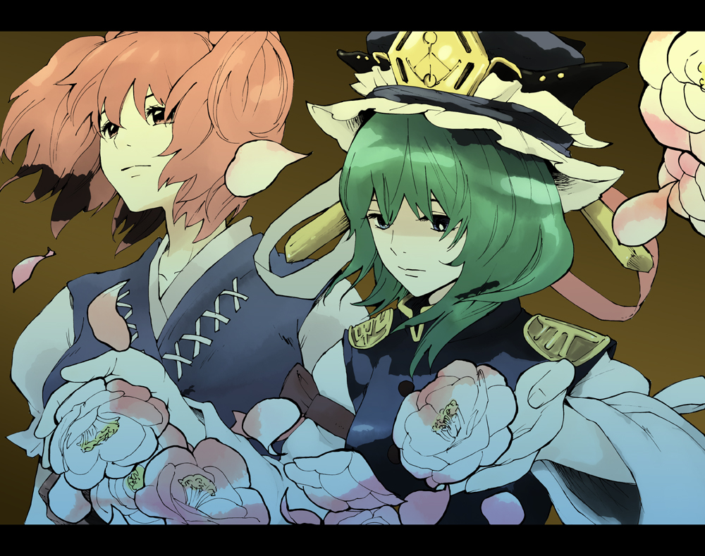 kuma (artist), kuma (crimsonvanilla), onozuka komachi, shiki eiki, touhou, 2girls, armor, female focus, floating hair, flower, frills, green eyes, green hair, holding, japanese clothes, kimono, letterboxed, multiple girls, red eyes, red hair, short hair, shoulder pads, twintails, two side up, upper body, wind