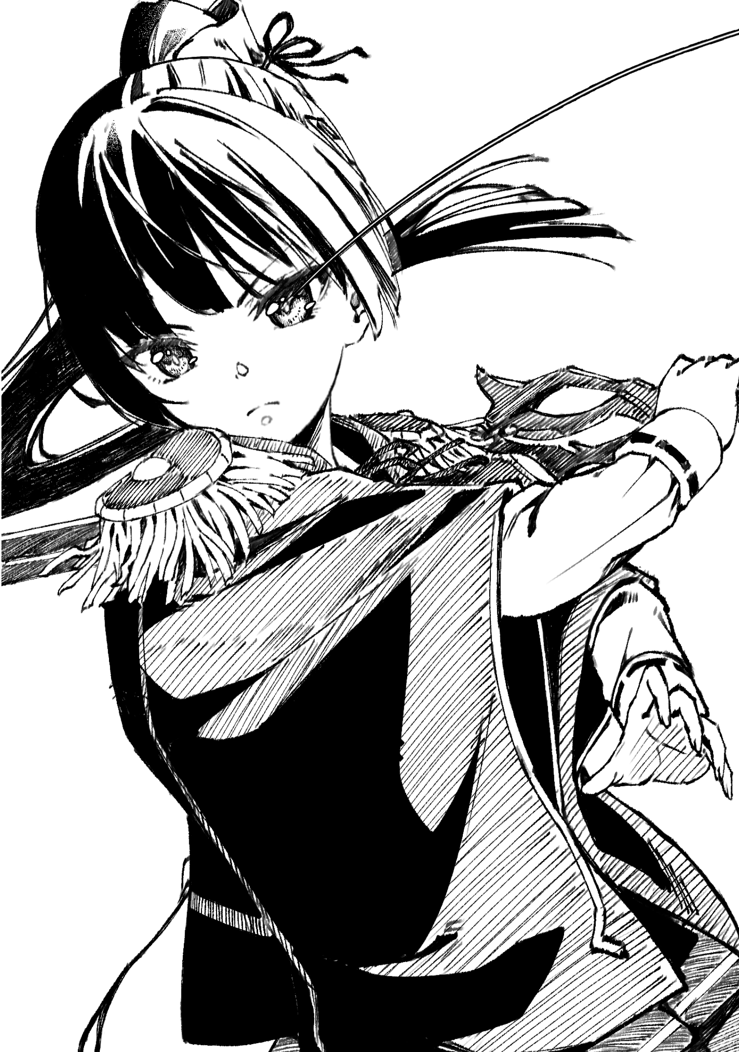natsume inori, heaven burns red, highres, 1girl, black hair, blunt bangs, epaulettes, long hair, metako (slime shop), monochrome, neck ribbon, ponytail, ribbon, shirt, solo, sword, weapon, white shirt