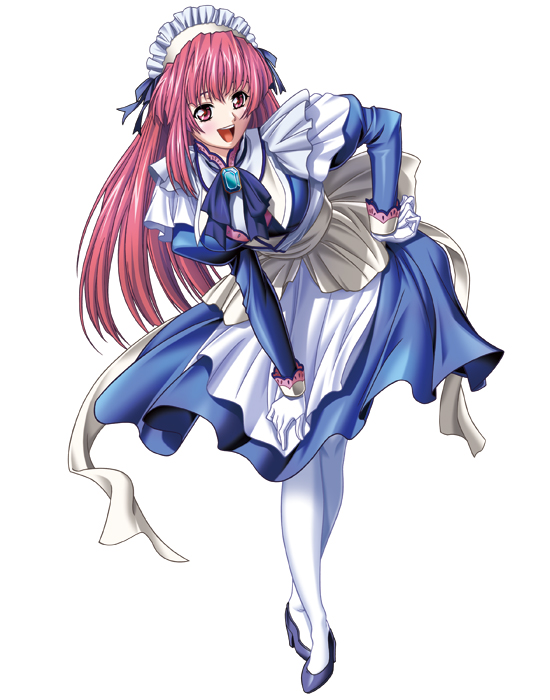 yokota mamoru, tsuzuri (lycoris radiata), lycoris radiata, original, 1girl, bent over, crossed legs, dress, female focus, gloves, hand on own hip, high heels, hip focus, long hair, maid, pantyhose, red eyes, red hair, shoes, sitting, solo, very long hair, white pantyhose