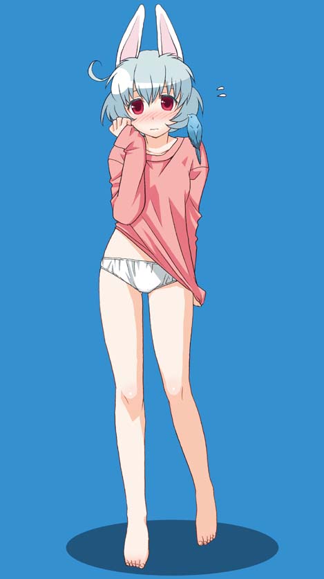 mattaku mousuke, 1girl, animal ears, barefoot, blouse, blue background, feet, female focus, full body, no pants, panties, pink shirt, rabbit ears, shirt, simple background, solo, toes, underwear