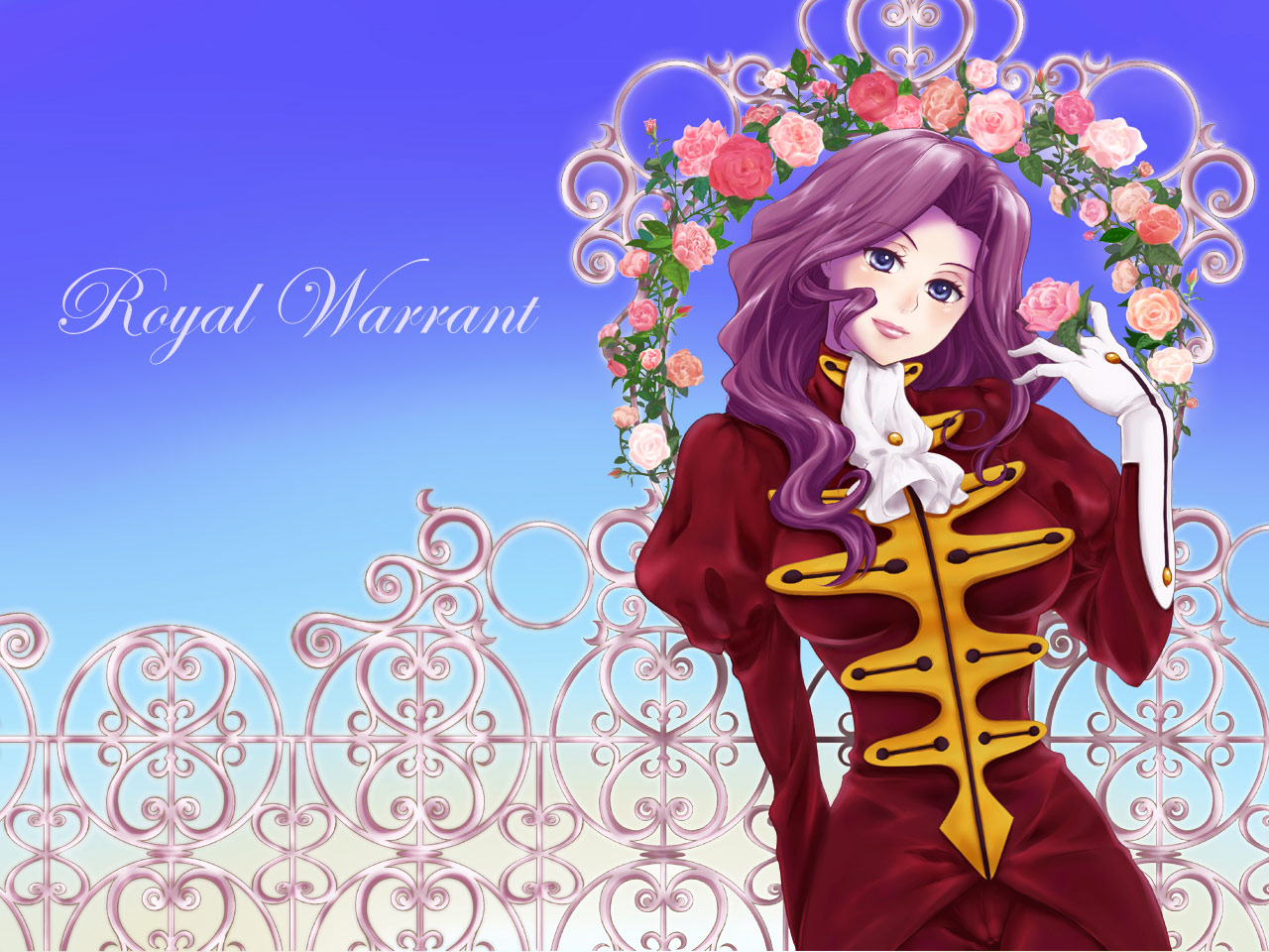 higi (rodriguez), cornelia li britannia, code geass, 00s, blush, flower, gate, gloves, lipstick, makeup, purple eyes, purple hair, rose, smile, solo, wavy hair