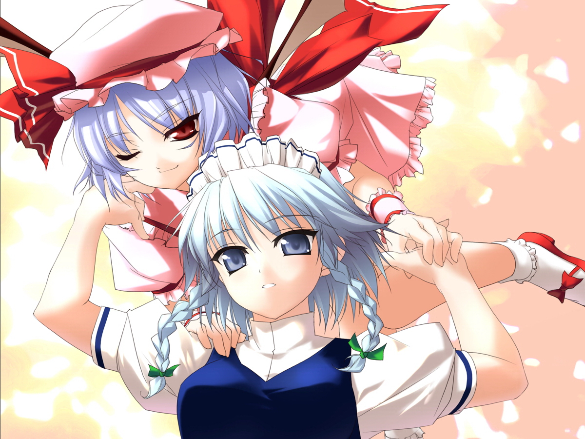 rokuwata tomoe, izayoi sakuya, remilia scarlet, touhou, light purple hair, silver hair, 2girls, blue eyes, braid, female focus, hat, holding hands, maid headdress, multiple girls, red eyes, twin braids, wings, wink