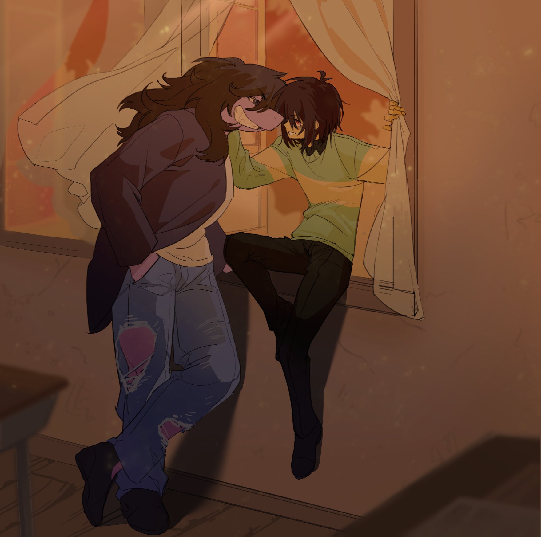 kris (deltarune), susie (deltarune), deltarune, utdr (toby fox), highres, 1girl, 1other, black eyes, black shirt, blue pants, brown hair, collared shirt, curtains, green sweater, hand in pocket, jacket, long hair, on windowsill, pants, purple jacket, r0ut3, red eyes, shirt, short hair, single horizontal stripe, smile, striped clothes, striped sweater, sweater, torn clothes, torn pants, white shirt, window