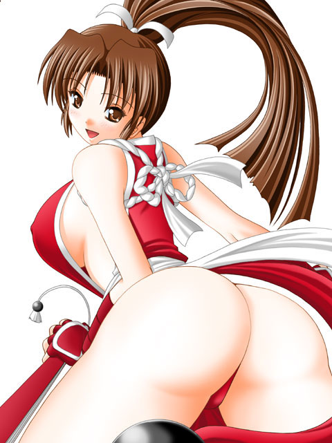 shiranui mai, fatal fury, snk, the king of fighters, 1girl, ass, bent over, breasts, female focus, high ponytail, large breasts, long hair, looking at viewer, ponytail, rope, sideboob, solo