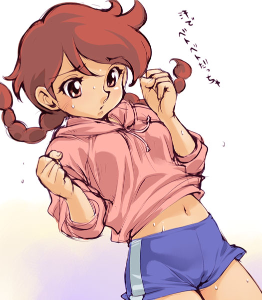 myuracchi (ayashii hon'ya), myuratch, takane kiku, ring ni kakero, 1girl, braid, cameltoe, female focus, navel, shorts, sleeves rolled up, solo, twin braids, twintails