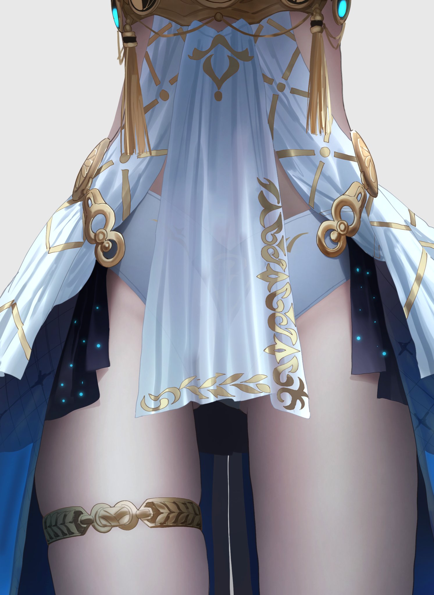 cryne, iuno (wuthering waves), wuthering waves, commentary, highres, 1girl, ancient greek clothes, arms behind back, greco-roman clothes, grey background, jewelry, pelvic curtain, solo, stomach focus, thighlet, thighs