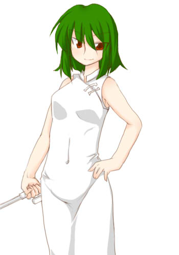 kazami yuuka, touhou, lowres, 1girl, ao dai, bare shoulders, china dress, chinese clothes, dress, female focus, green hair, hair between eyes, hand on own hip, holding, holding umbrella, red eyes, short hair, smile, solo, umbrella