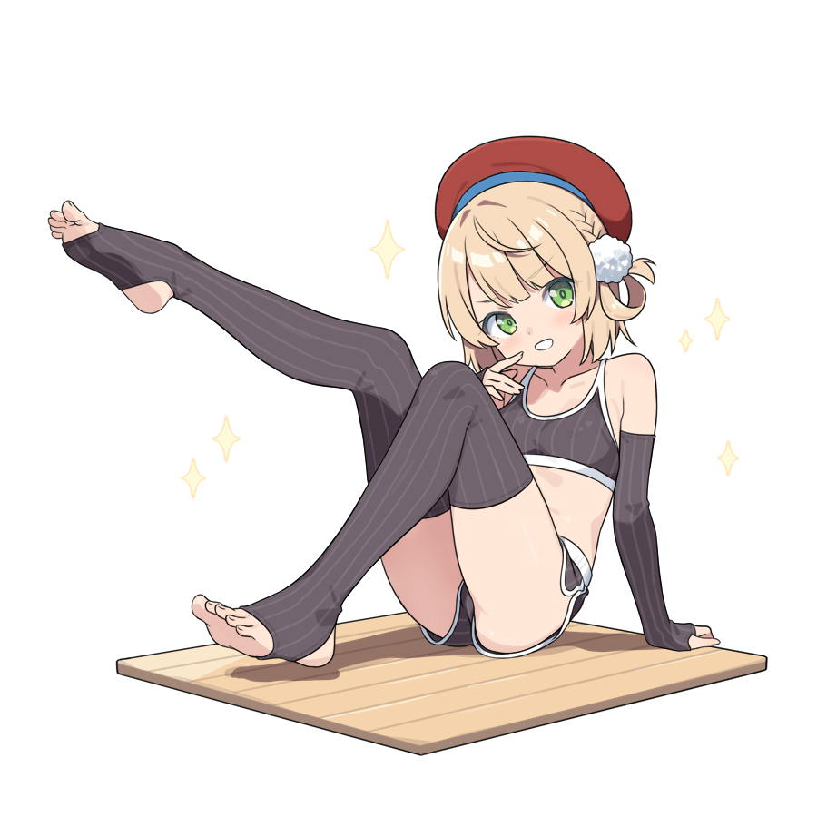 hatsunatsu, shigure ui (vtuber), indie virtual youtuber, commentary request, 1girl, bare shoulders, beret, black thighhighs, blonde hair, breasts, collarbone, crop top, dolphin shorts, elbow gloves, fingerless gloves, gloves, green eyes, hat, long hair, looking at viewer, midriff peek, no shoes, open mouth, shorts, sitting, small breasts, solo, stirrup legwear, teeth, thighhighs, toeless legwear, zettai ryouiki