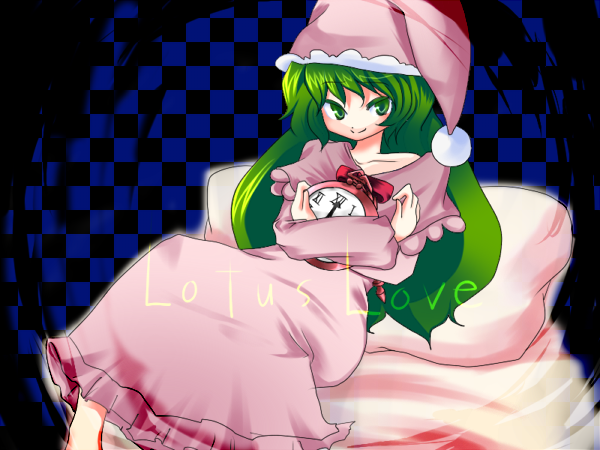 kazami yuuka, kazami yuuka (pc-98), lotus land story, touhou, touhou (pc-98), bad id, bad pixiv id, 1girl, clock, female focus, green eyes, green hair, hair between eyes, hat, long hair, matching hair/eyes, nightcap, nightgown, pajamas, pillow, reclining, solo