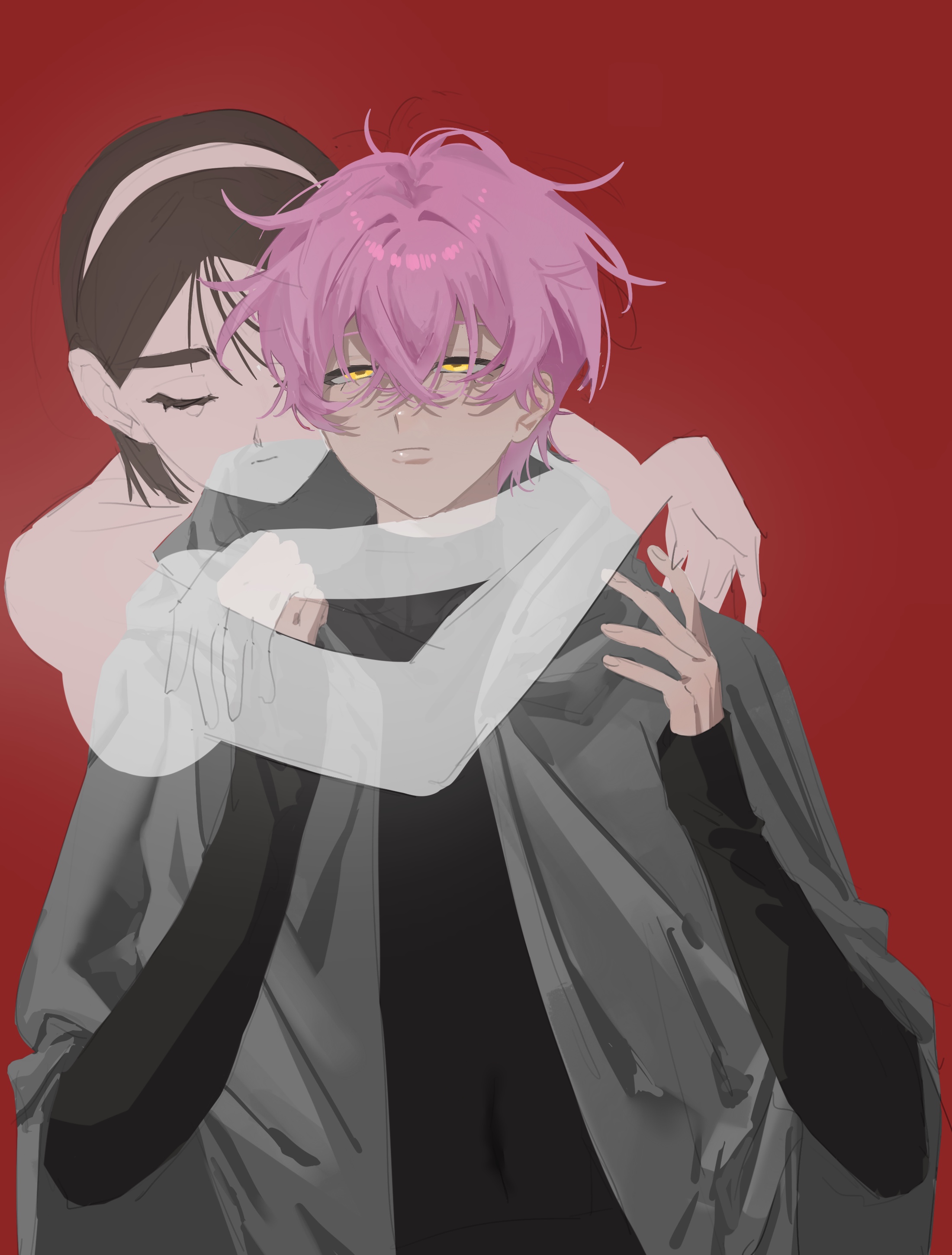 yujiaying12, mizi (alien stage), sua (alien stage), alien stage, absurdres, chinese commentary, commentary request, highres, 2girls, black hair, black shirt, closed eyes, elbow gloves, ghost, gloves, grey cloak, hair between eyes, hairband, half-closed eyes, hug, hug from behind, long sleeves, multiple girls, pink hair, red background, shirt, short hair, simple background, sleeves past wrists, turtleneck, turtleneck shirt, very short hair, white gloves, white hairband, yellow eyes
