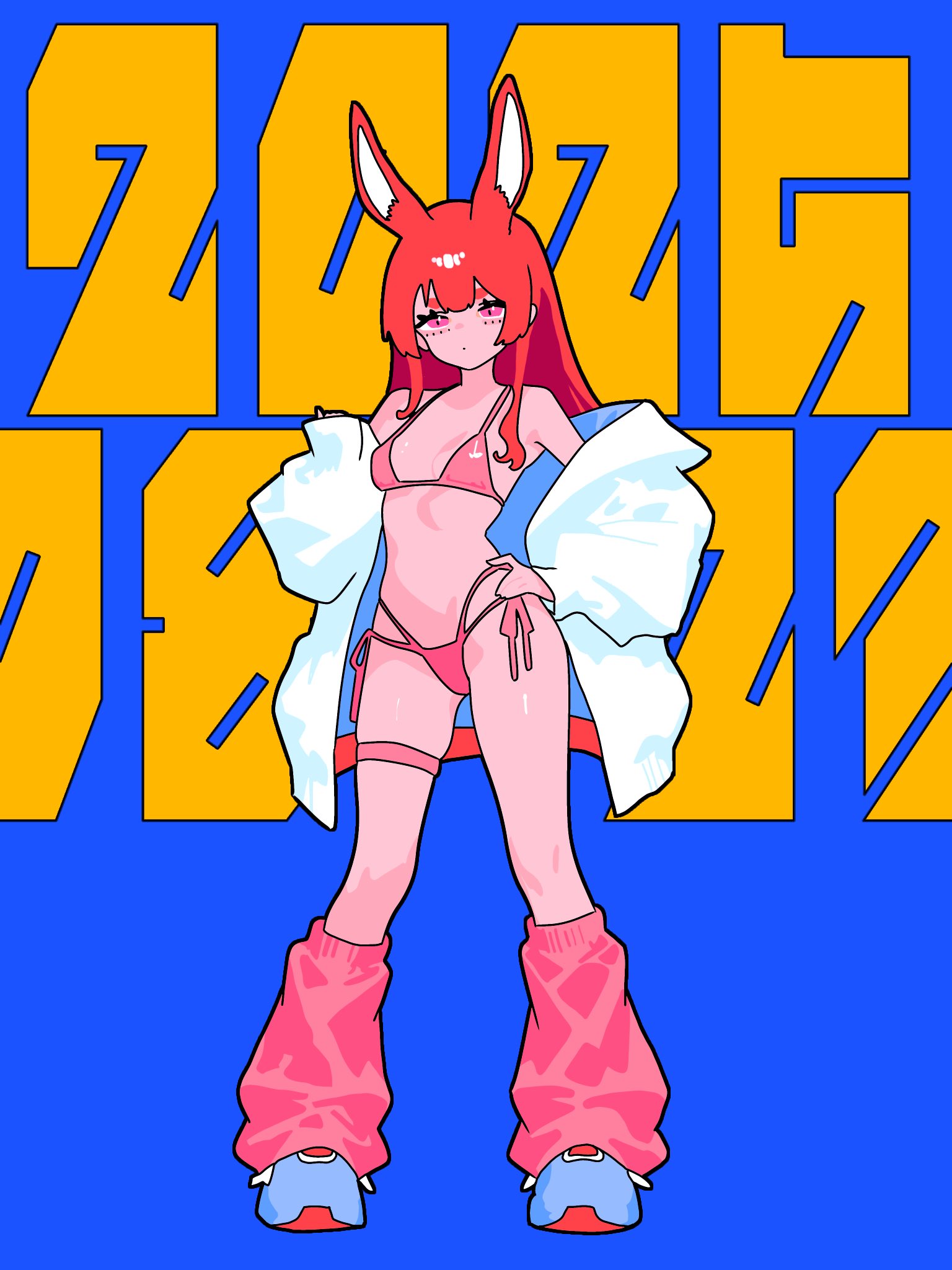 minminmince, original, highres, 1girl, animal ears, bikini, bikini under clothes, blue background, blue shoes, breasts, cardigan, center-flap bangs, closed mouth, contrapposto, dated, dot mouth, flat color, full body, hand on own hip, leg warmers, long hair, looking at viewer, multi-strapped bikini bottom, no nose, off shoulder, open cardigan, open clothes, pink bikini, pink eyes, pink leg warmers, rabbit ears, rabbit girl, red hair, shoes, short eyebrows, side-tie bikini bottom, sleeves past wrists, small breasts, solo, swimsuit, thick eyebrows, thigh strap, white cardigan
