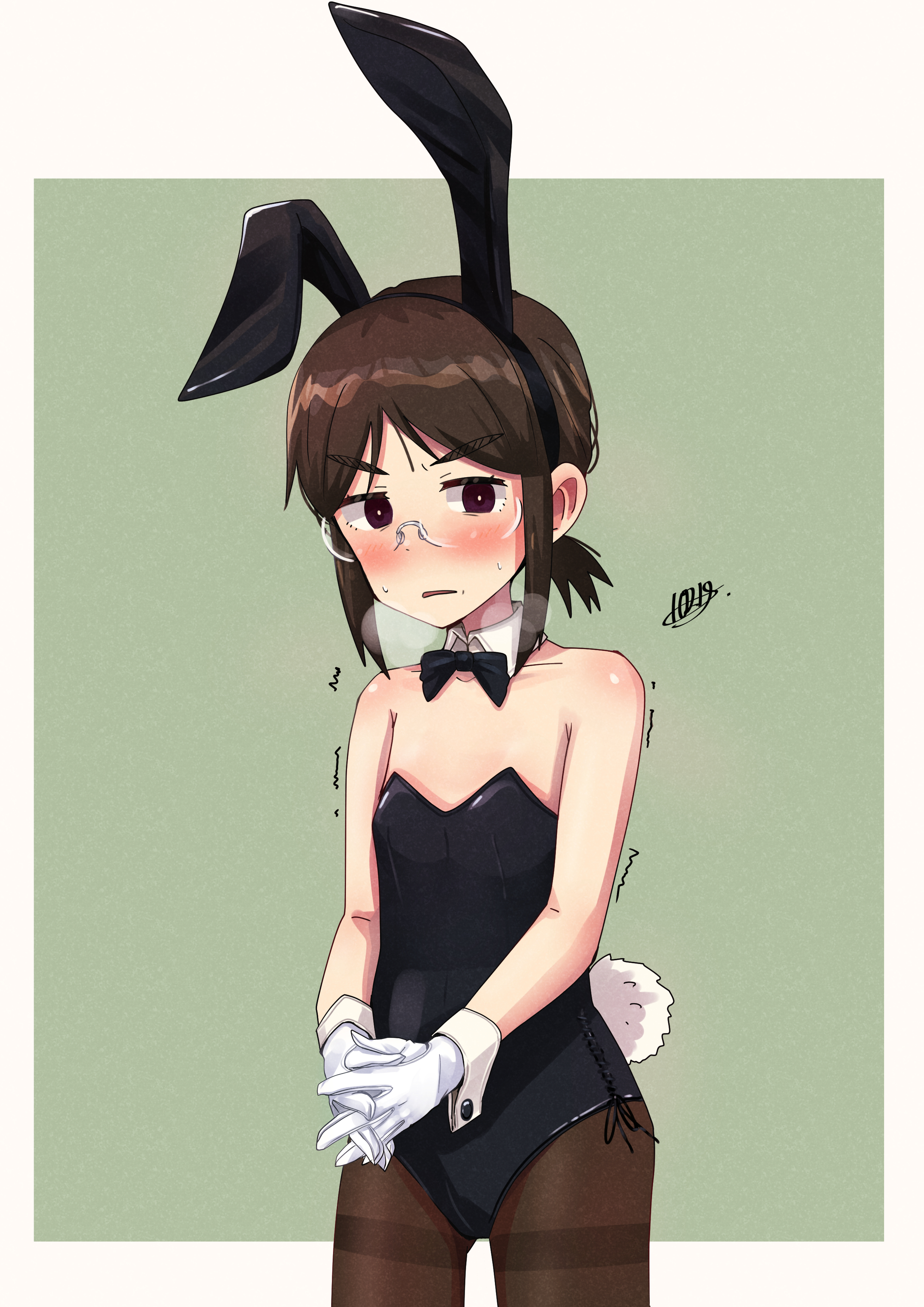 1021g, original, absurdres, commentary request, highres, 1girl, animal ear hairband, animal ears, black bow, black bowtie, black leotard, black pantyhose, blush, border, bow, bowtie, brown eyes, brown hair, collarbone, detached collar, embarrassed, fake animal ears, fake tail, flat chest, glasses, gloves, green background, hairband, interlocked fingers, leotard, looking at viewer, outside border, own hands together, pantyhose, playboy bunny, ponytail, rabbit ear hairband, rabbit ears, rabbit tail, semi-rimless eyewear, short ponytail, side-tie leotard, signature, simple background, solo, standing, strapless, strapless leotard, tail, thighband pantyhose, trembling, white gloves, wrist cuffs
