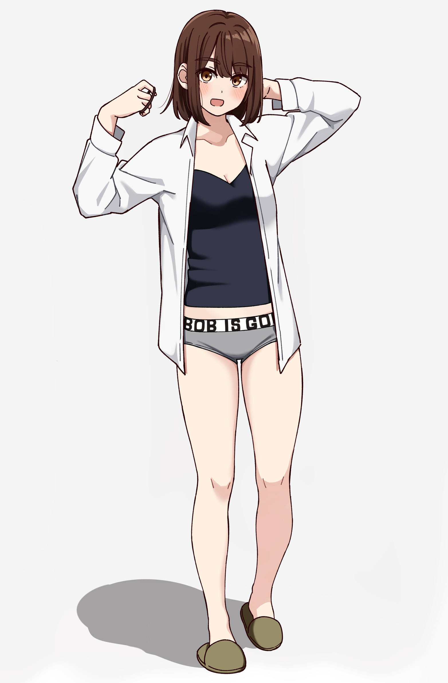 kapatarou, original, commentary request, highres, 1girl, :d, arm behind head, black camisole, blush, bob cut, breasts, brown eyes, brown hair, brown slippers, camisole, cleavage, collared shirt, dress shirt, full body, grey background, grey panties, hands up, looking at viewer, open clothes, open mouth, open shirt, panties, shadow, shirt, short hair, simple background, slippers, small breasts, smile, solo, standing, thick eyebrows, underwear, white shirt