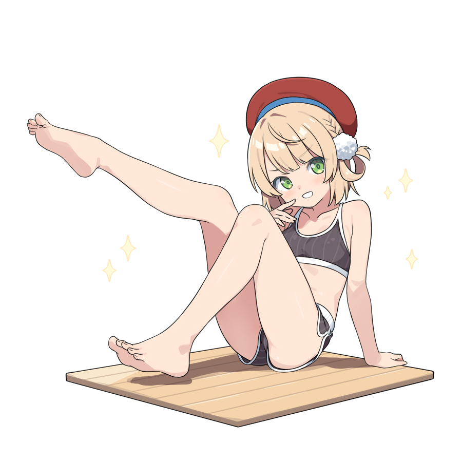 hatsunatsu, shigure ui (vtuber), indie virtual youtuber, commentary request, 1girl, 9874194, bare shoulders, barefoot, beret, blonde hair, collarbone, crop top, dolphin shorts, elbow gloves, fingerless gloves, gloves, green eyes, hat, long hair, looking at viewer, midriff peek, open mouth, shorts, sitting, solo, teeth, thighhighs, toeless legwear, zettai ryouiki