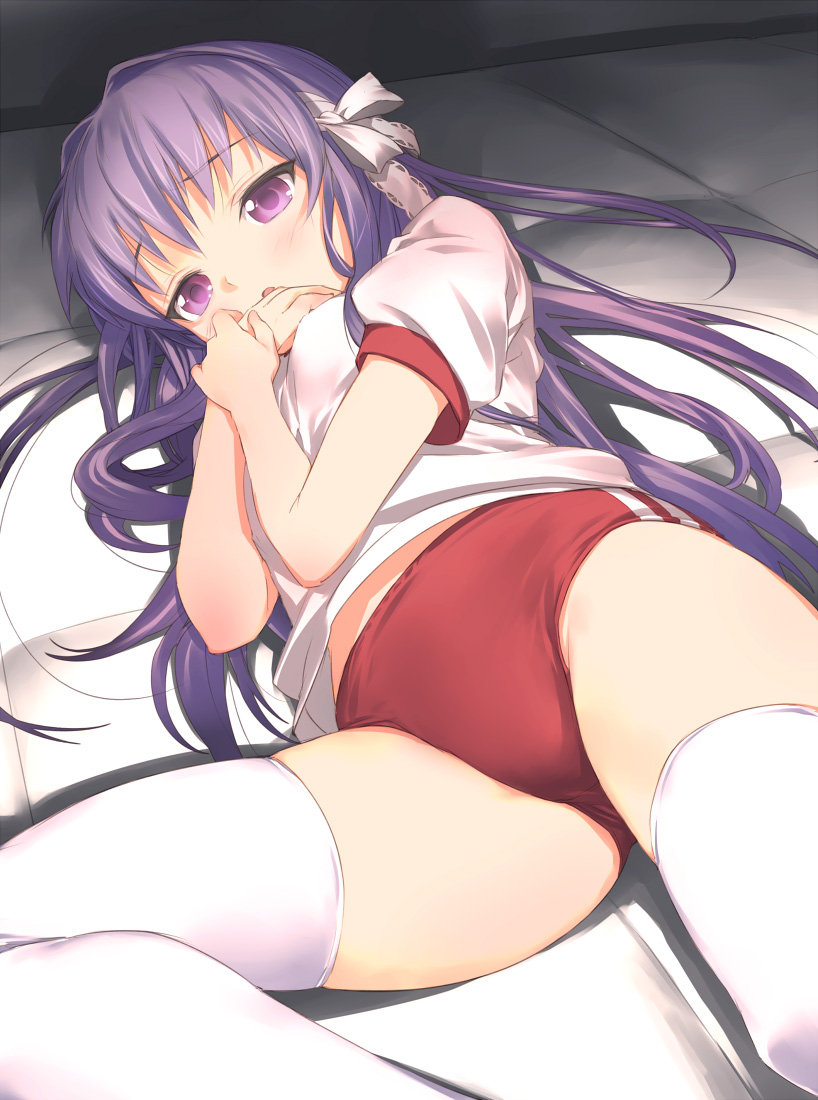 uni (plastic girl), fujibayashi kyou, clannad, 00s, 1girl, :o, blush, breasts, buruma, cowboy shot, crotch, double vertical stripe, female focus, foreshortening, from above, gym storeroom, gym uniform, hair ribbon, hair spread out, hand on own face, hand to own mouth, indoors, lace, long hair, looking at viewer, lying, mat, mattress, midriff, midriff peek, on back, on side, open mouth, own hands together, puffy short sleeves, puffy sleeves, purple eyes, purple hair, ribbon, shadow, short sleeves, skindentation, small breasts, solo, spread legs, thighhighs, thighs, very long hair, white thighhighs