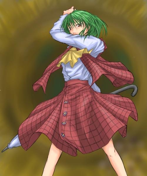 kazami yuuka, touhou, bad id, bad pixiv id, 1girl, arm behind back, ascot, blouse, closed umbrella, female focus, flower, green hair, hair between eyes, plaid clothes, plaid skirt, plaid vest, red eyes, shirt, short hair, skirt, skirt set, solo, sunflower, umbrella, vest, white shirt, yellow ascot
