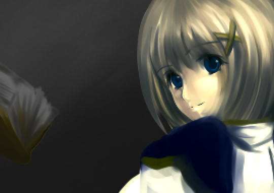 wagashi (okashina), yagami hayate, lyrical nanoha, mahou shoujo lyrical nanoha, mahou shoujo lyrical nanoha a's, eyebrows, 00s, 1girl, blue eyes, brown hair, closed mouth, female focus, food, from behind, hair ornament, looking back, short hair, smile, solo, upper body, wagashi, x hair ornament