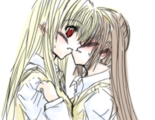 fate testarossa, takamachi nanoha, lyrical nanoha, mahou shoujo lyrical nanoha, 00s, 2girls, blonde hair, collared shirt, from side, kiss, long sleeves, multiple girls, profile, red eyes, school uniform, shaded face, shirt, side ponytail, simple background, upper body, white background, white shirt, yuri