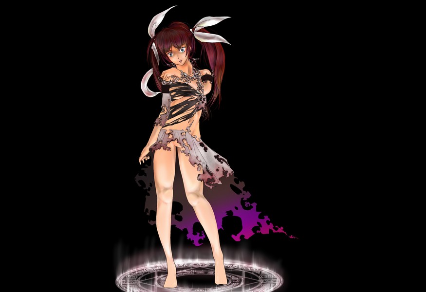 takamachi nanoha, lyrical nanoha, mahou shoujo lyrical nanoha, mahou shoujo lyrical nanoha strikers, 00s, 1girl, bare legs, dark, female focus, full body, hair ribbon, long hair, looking at viewer, magic circle, magical girl, ribbon, solo, standing, standing on magic circle, torn clothes, twintails, very long hair