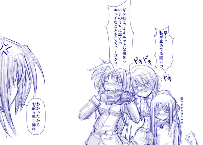 mitsurugi tsurugi, cinque (nanoha), ginga nakajima, numbers (nanoha), revolver knuckle, subaru nakajima, yuuno scrya, lyrical nanoha, mahou shoujo lyrical nanoha, mahou shoujo lyrical nanoha strikers, translation request, 00s, 4girls, ferret, monochrome, multiple girls, purple theme, siblings, sisters